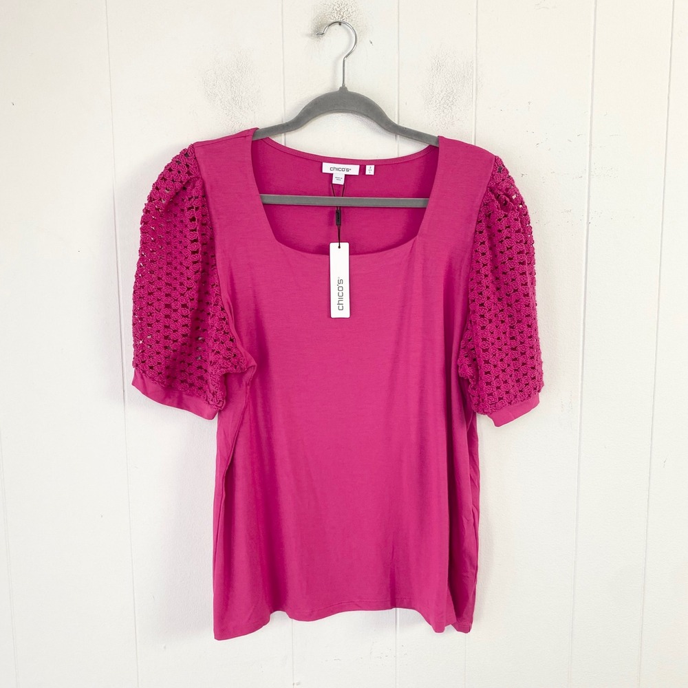 NWT Chicos Touch of Cool Lace Puff Sleeve Tee Pink Square Neck Top Sz 2 US Sz L